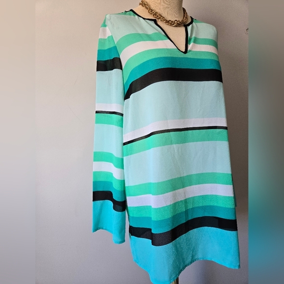 Michael Kors Semi Sheer Green, White And Black Striped Tunic Blouse. Size Small - Picture 4 of 13